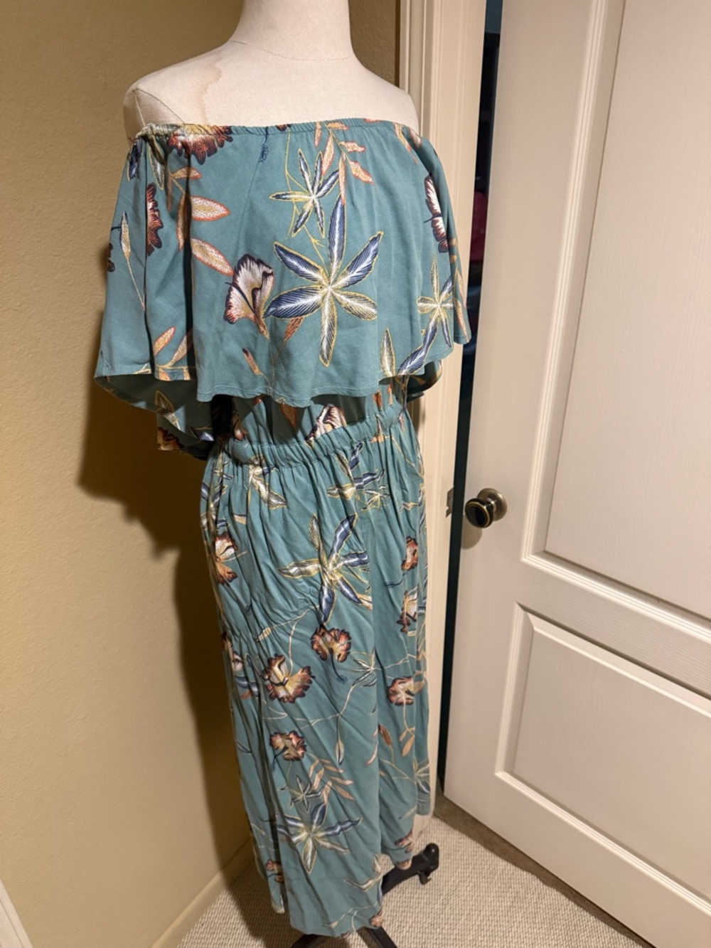 Roxy Teal Off-Shoulder Floral Maxi Dress